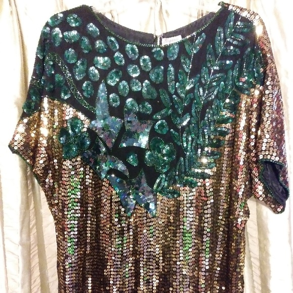 Large Vintage Elegance Anujan Gold/Green Sequin Blouse - Picture 7 of 10